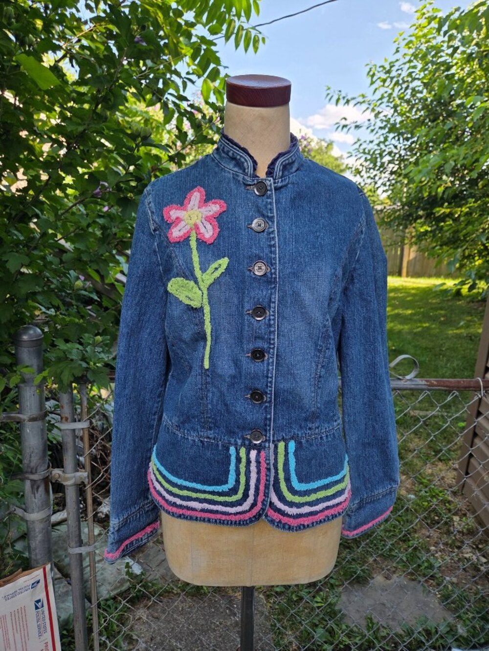 Upcycled Denim Jacket Chenille Accents "Just Be Kind" Size S